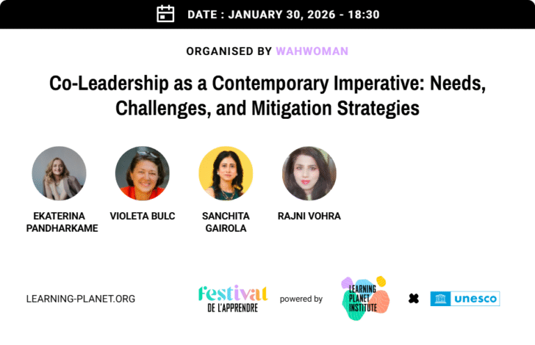 Webinar | Co-Leadership as a Contemporary Imperative: Needs, Challenges & Mitigation Strategies What does leadership look like in a world defined by complexity, uncertainty, and interconnected crises? This WahWoman webinar brings together diverse global voices to explore co-leadership—not as a trend, but as a systemic necessity for our time. Hosted by Rajni Vohra, the conversation is supported by the Learning Planet Institute and organized by Wahwoman, and features an inspiring panel: Violeta Bulc – Former Deputy Prime Minister of Slovenia & EU Commissioner, Founder of Ecocivilisation Sanchita Gairola Mishra – Co-founder & Director, Vision 360 Management Consulting Ekaterina Pandharkame – Social Psychologist ✨ Key Reflections from the Conversation Why single-hero leadership is breaking down—especially in politics and large systems Co-leadership as collaboration, participation, and shared consequence, not polite division of roles Why accountability is harder to share than power or visibility The psychological demands of co-leadership: managing uncertainty, ego, anxiety, and comparison Gendered expectations in leadership—and how consistency, not correction, reshapes power dynamics Moving from “power” to strength, from control to holding space for emergence A recurring insight across the panel: The future of leadership is less about being the hero—and more about being the connector. This conversation is an invitation to unlearn old leadership myths and re-imagine leadership as relational, systemic, and deeply human.